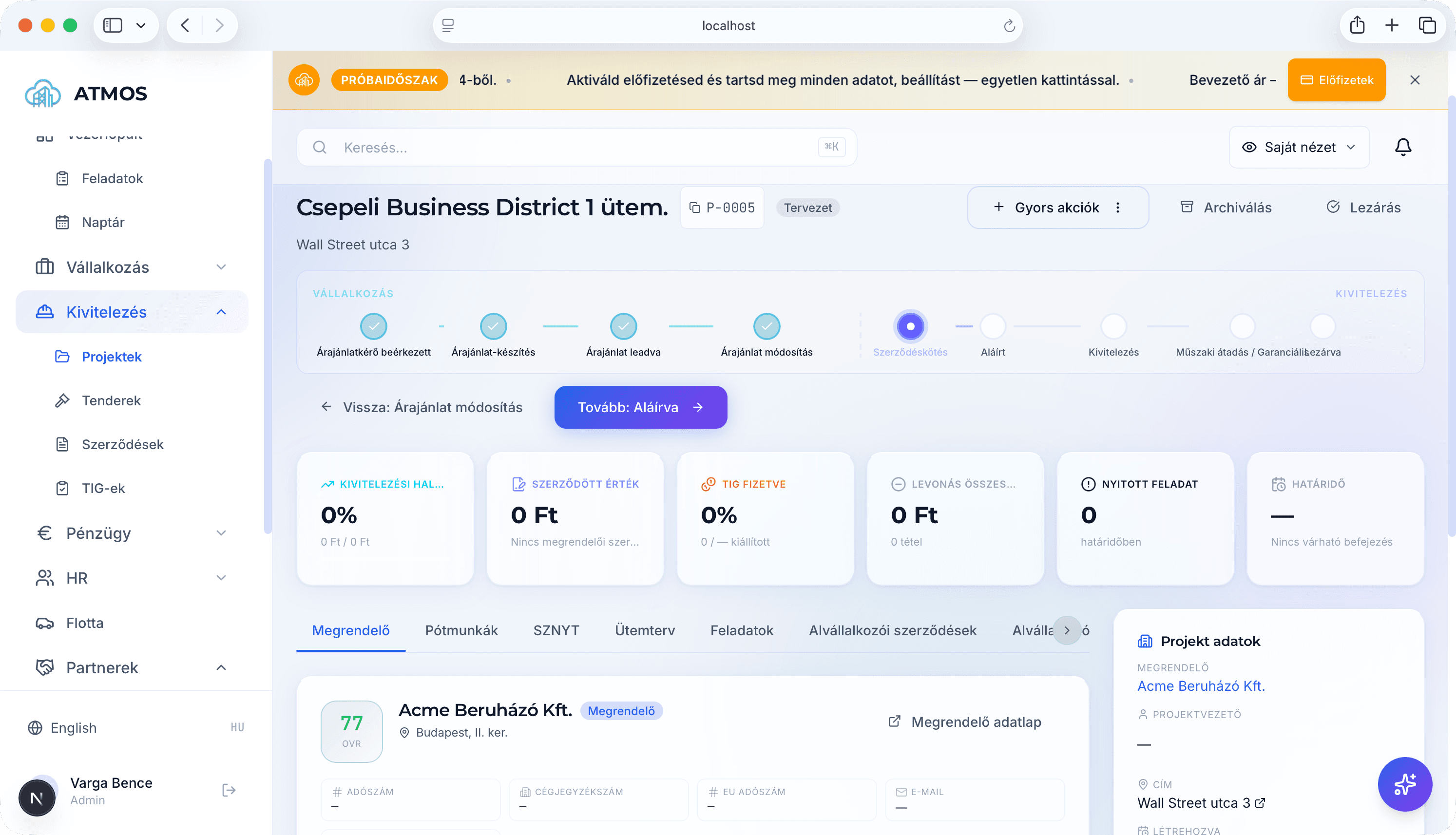 ATMOS projekt-overview workflow + KPI kártyákkal