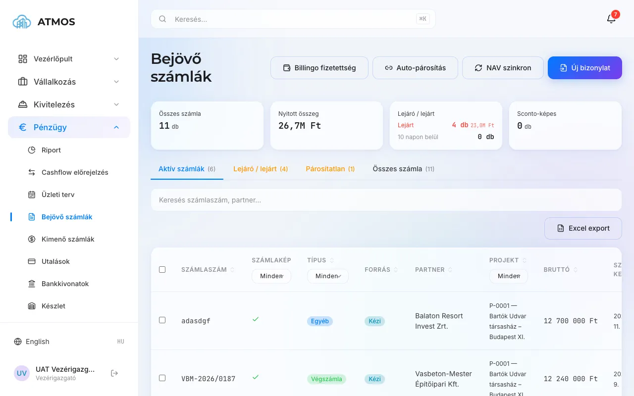 Bejövő és kimenő számlák kezelése